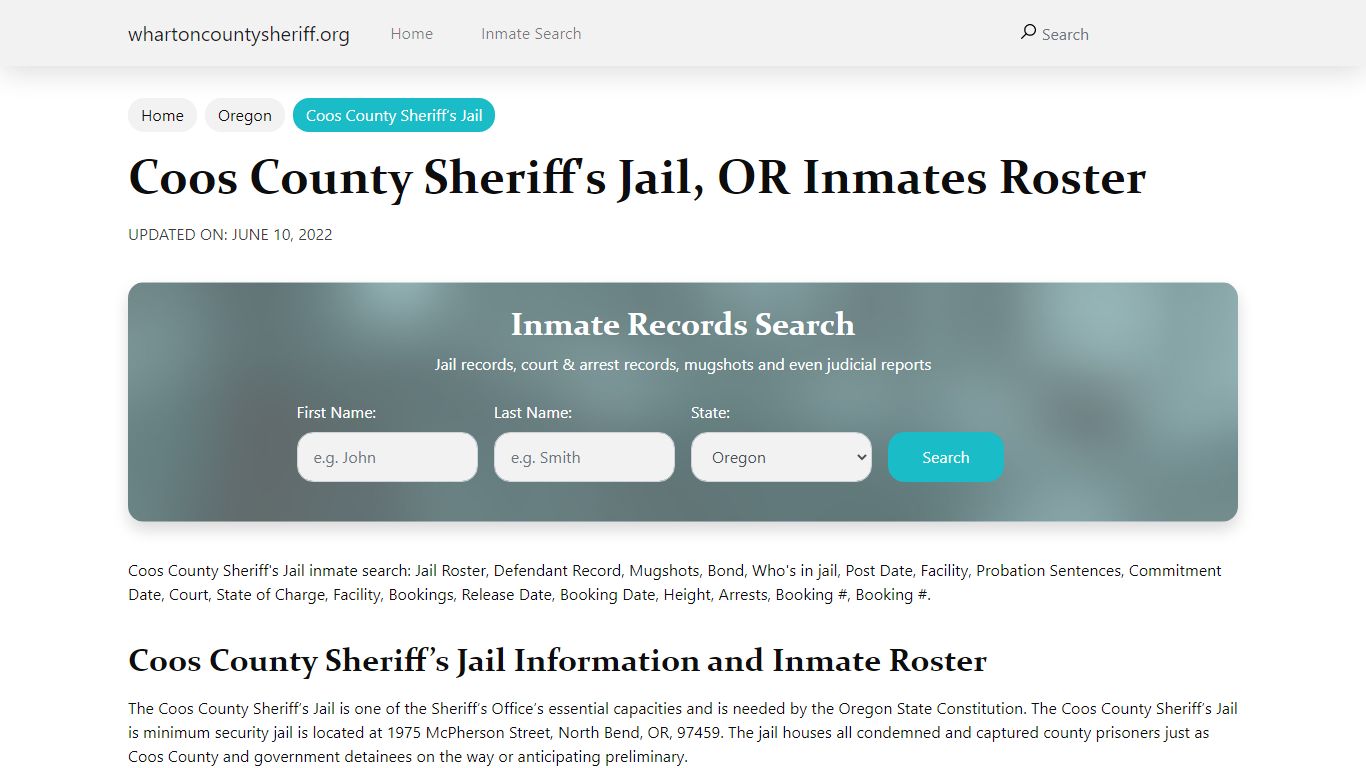 Coos County Sheriff's Jail, OR Jail Roster, Name Search